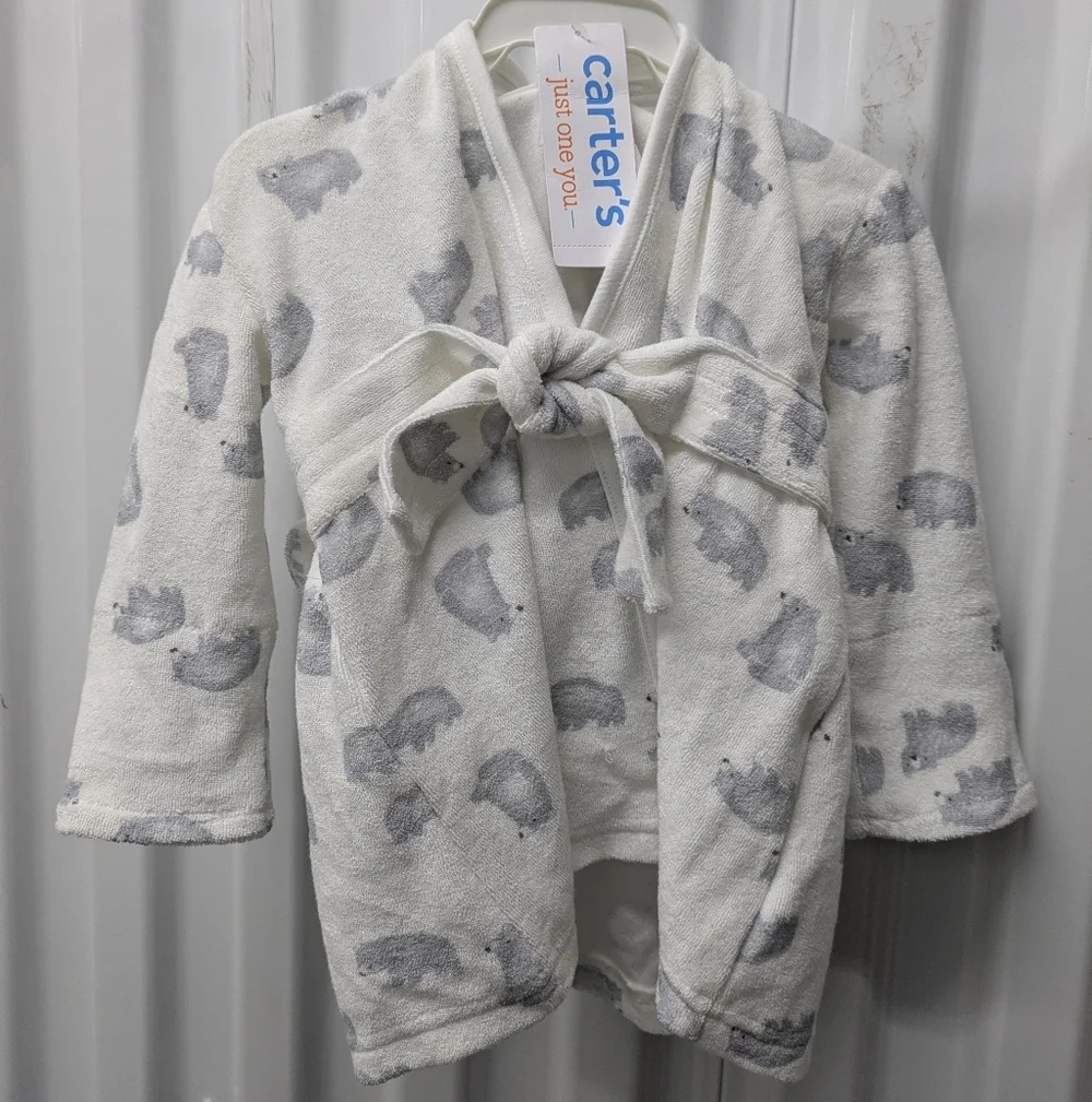 Carter's White and Gray Baby Robe with Animal Design